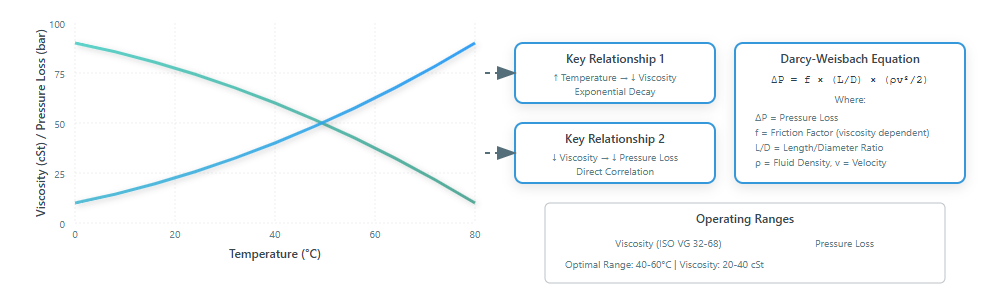 Graph showing relationship between temperature, viscosity and pressure loss