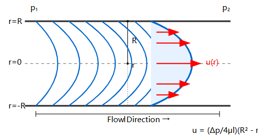 Laminar flow velocity distribution in a pipe showing parabolic profile