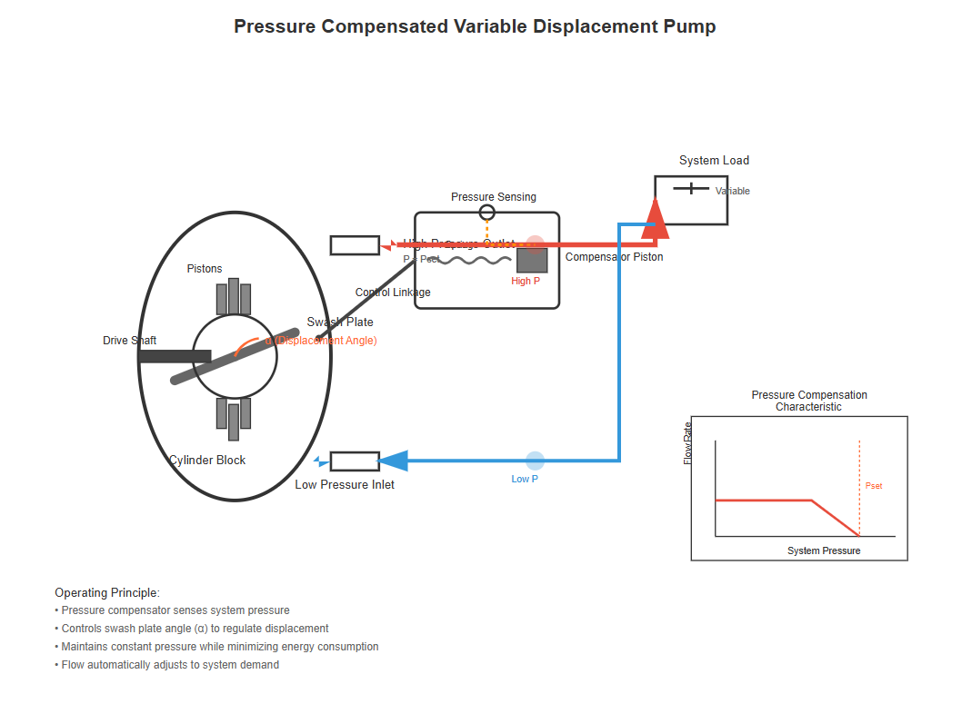 Pressure compensated variable displacement pump showing control mechanism and displacement adjustment