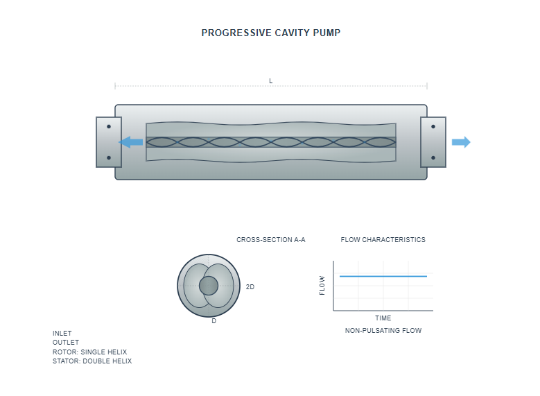 Screw pump design showing helical rotors and smooth fluid flow path