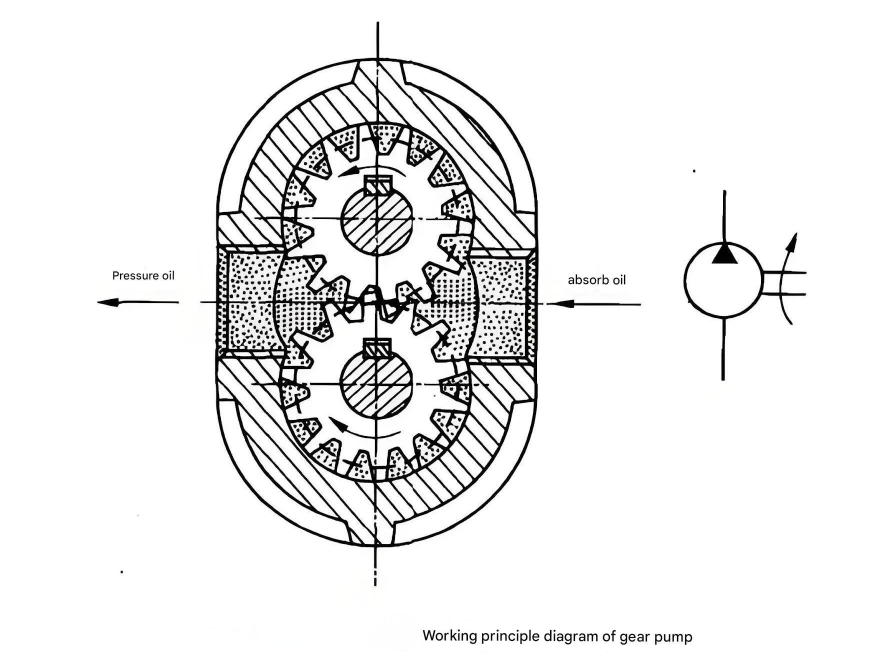 Gear pump operation diagram showing fluid flow path