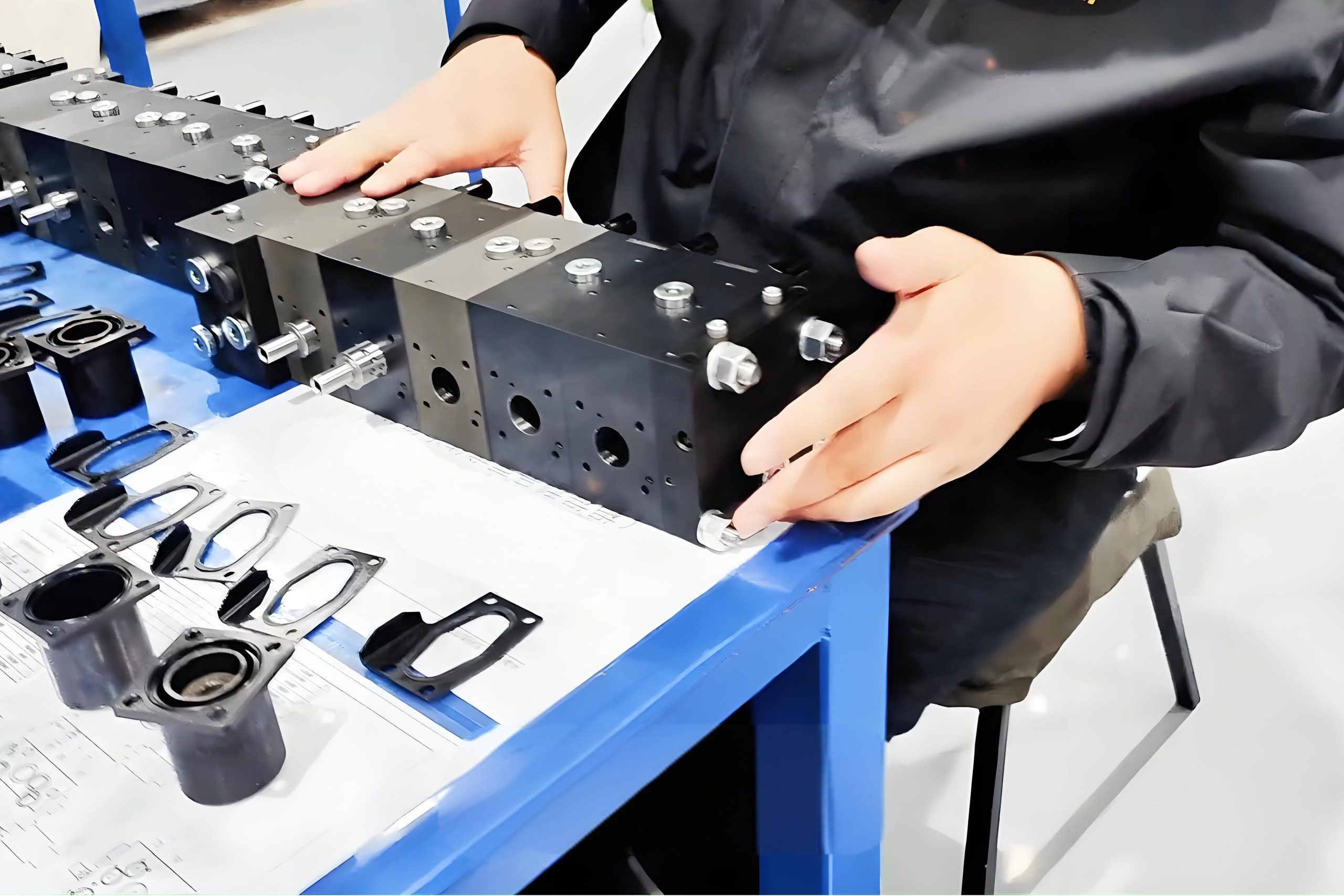 Hydraulic valve testing station with pressure gauges and measurement equipment