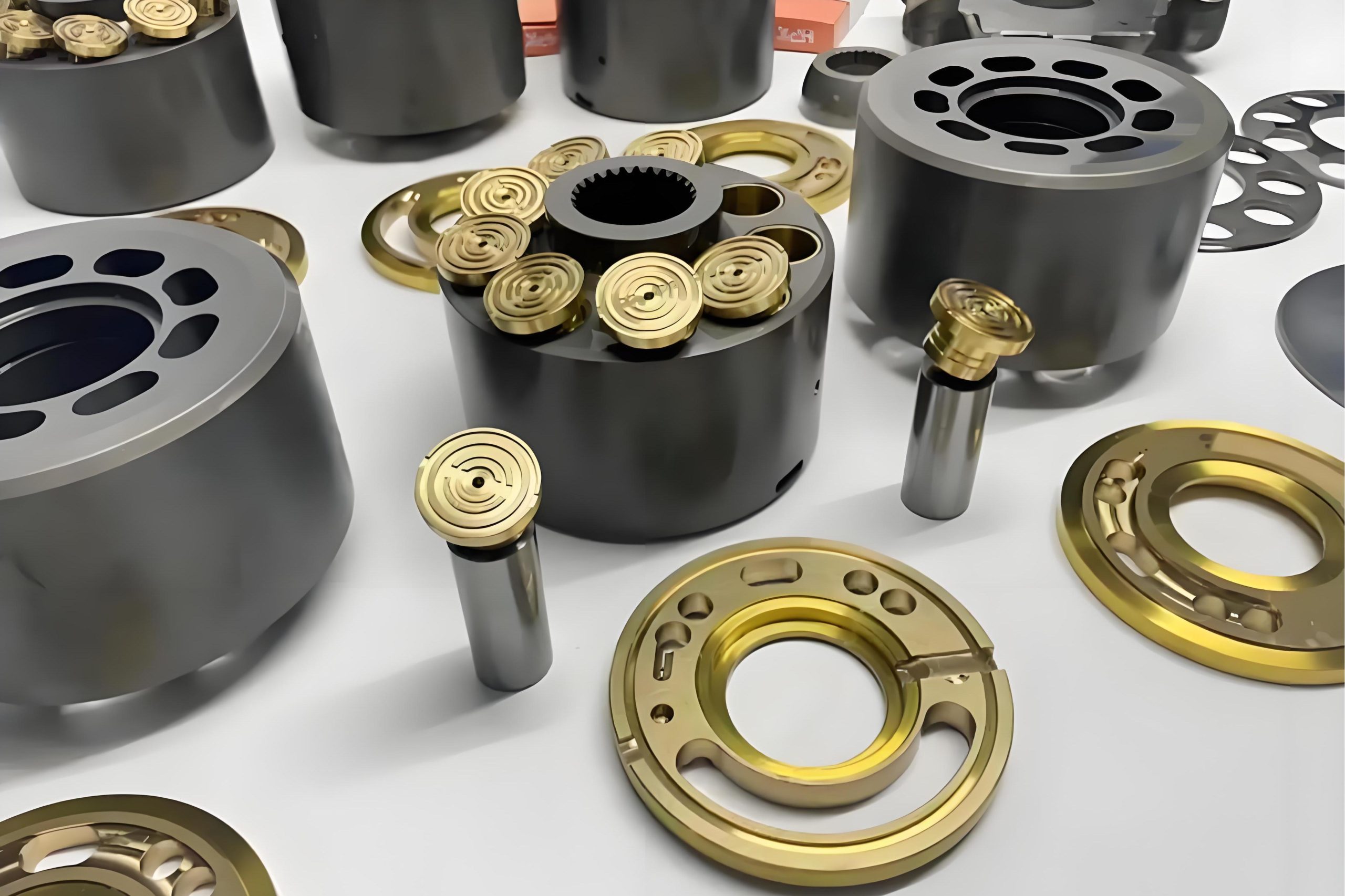 Hydraulic hoses, filters, and fittings laid out on a surface