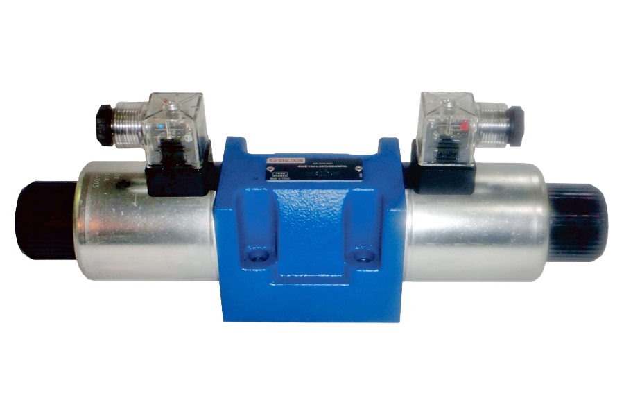 Cutaway view of a 4-way directional control hydraulic valve showing spool and ports