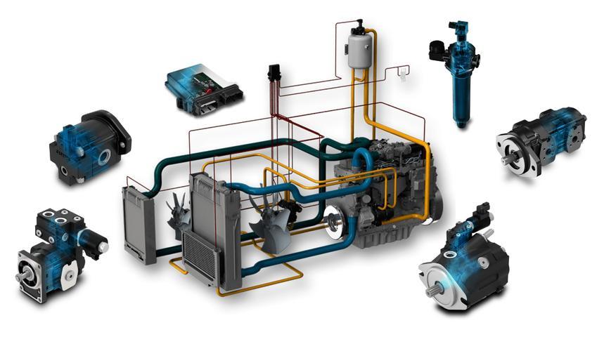 Hydraulic system components showing pipes, valves and cylinders in an industrial setting
