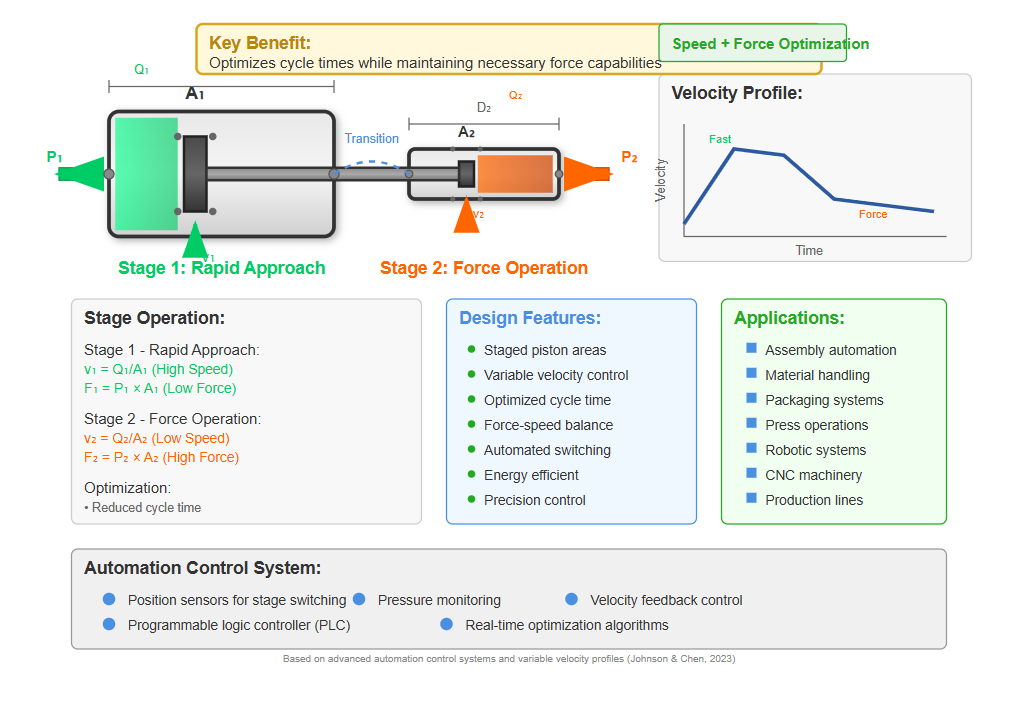 Speed intensifier cylinder showing staged operation principle