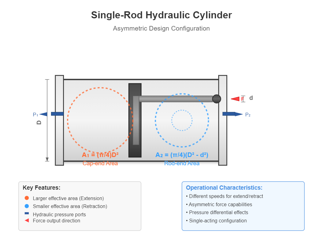 Diagram showing the asymmetric design of a single-rod hydraulic cylinder