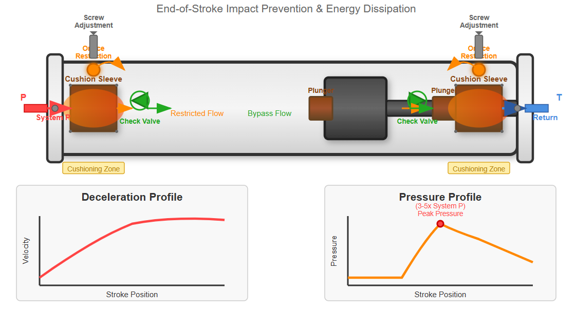 Hydraulic cylinder cushioning system showing flow control and pressure relief components