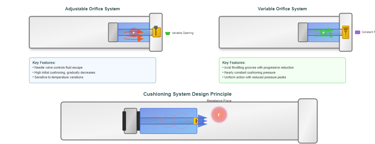 Hydraulic cylinder cushioning system diagram showing orifice control