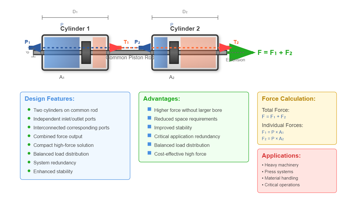 Tandem hydraulic cylinder arrangement showing two cylinders mounted on a common piston rod