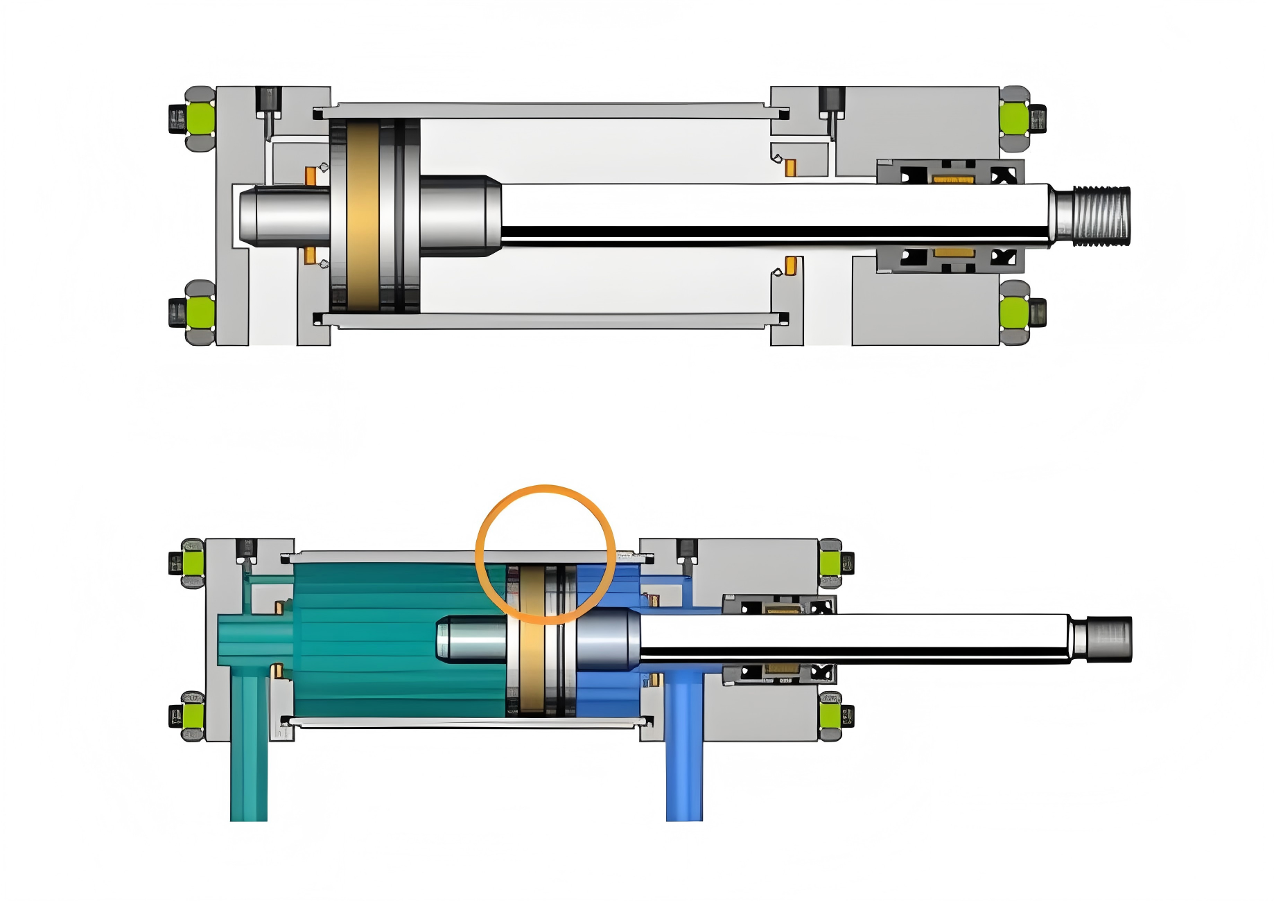 Hydraulic cylinder cross-section showing internal components including piston, rod, and chambers