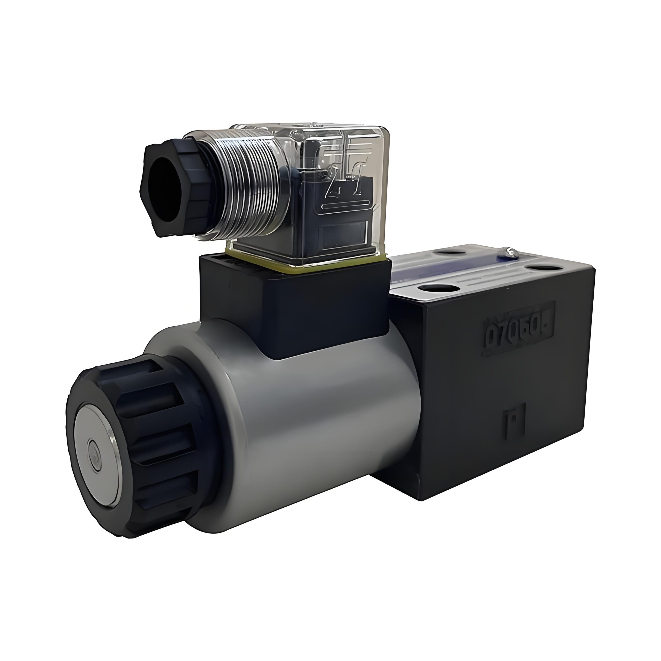 Hydraulic control valve close-up showing internal components and fluid pathways
