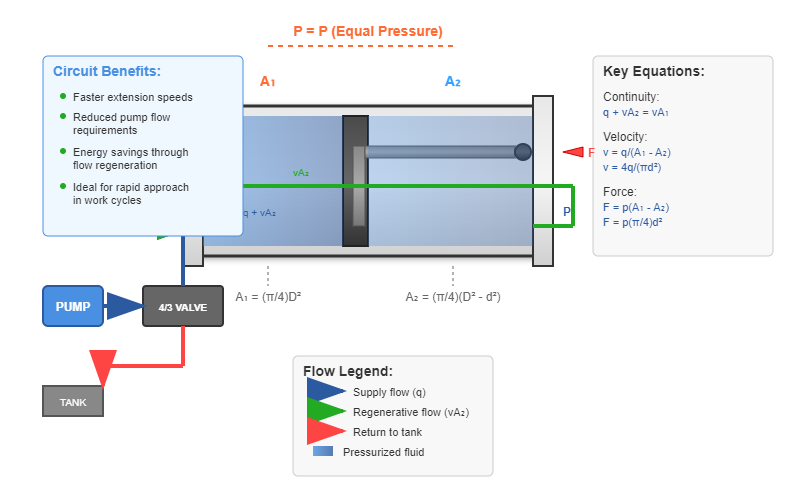 Regenerative circuit diagram for differential hydraulic cylinder operation