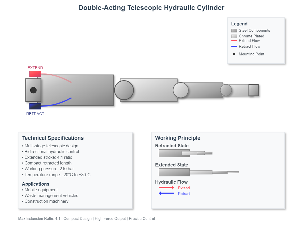 Double-acting telescopic hydraulic cylinder