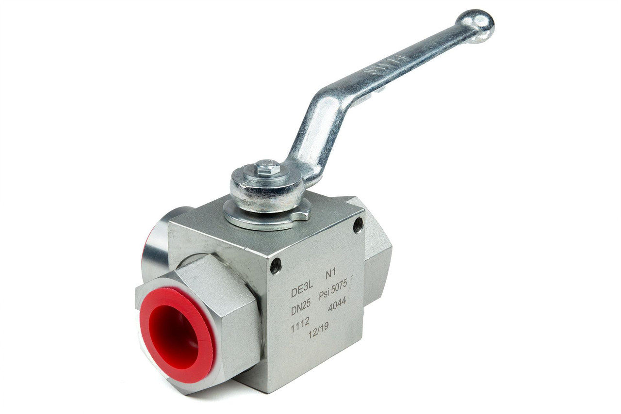 3-way high pressure ball valve with 3/4 inch NPT ports and manual lever handle, carbon steel body with zinc plating, rated at 5145 PSI for hydraulic diverter applications