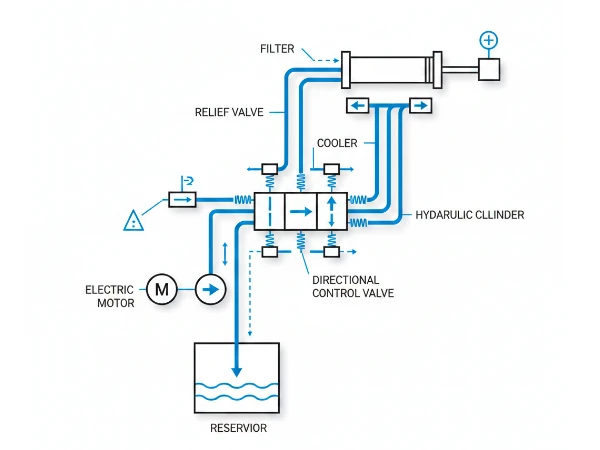 Hydraulic system diagram overview showing pump, valve, cylinder, and reservoir symbols connected by flow lines