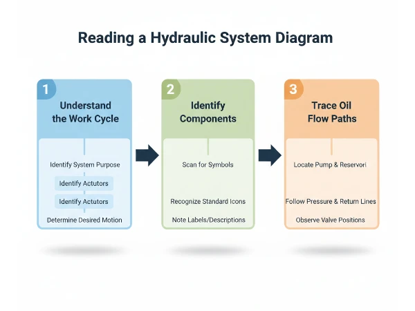 Three-step process flowchart for reading a hydraulic system diagram: understand work cycle, identify components, trace oil flow paths