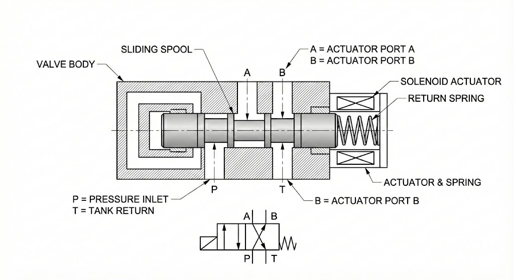 Hydraulic directional control valve schematic showing spool positions, pressure port, tank port, and work ports A and B with flow path arrows