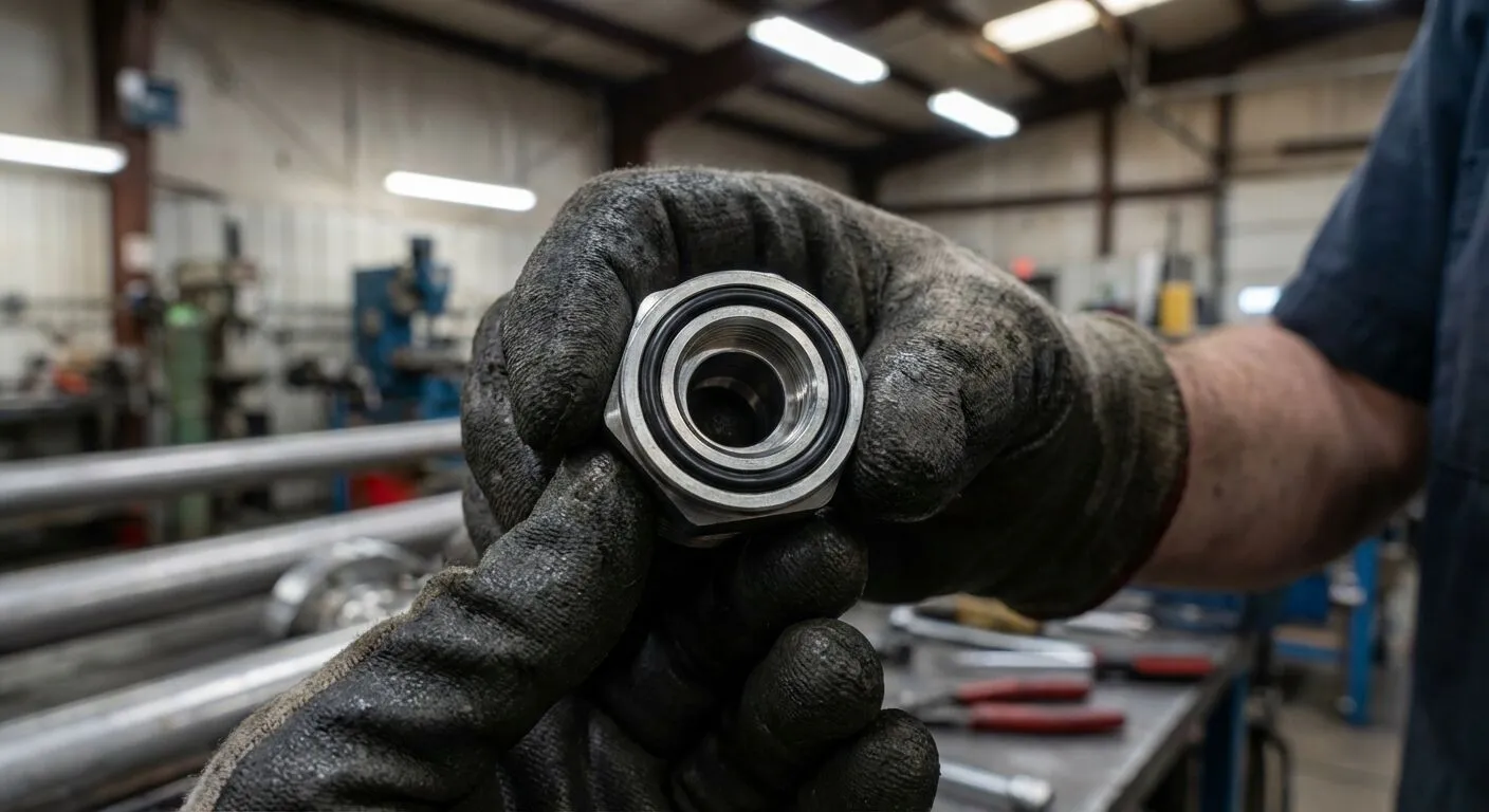 Technician inspecting an ORFS O-ring face seal hydraulic fitting on industrial equipment, checking the flat-face sealing surface and O-ring condition before reassembly