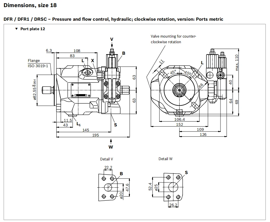 Dimension drawing of a size 18 Rexroth A10VSO axial piston variable pump with DFR, DFR1, and DRSC hydraulic pressure and flow control, metric ports, and clockwise rotation