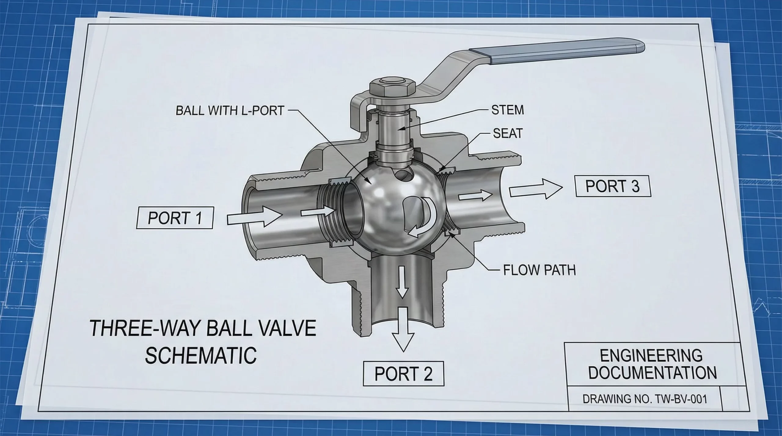 Schematic diagram of a 3-way ball valve showing three port positions and internal ball bore alignment for L-port and T-port flow path configurations