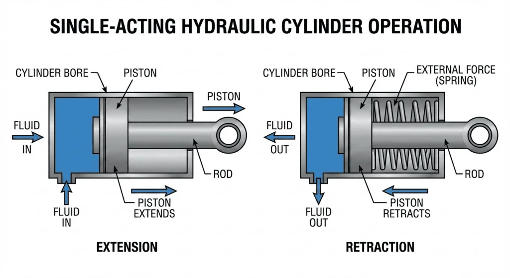 Side-by-side comparison of a single acting hydraulic cylinder with one port and spring return versus a double acting hydraulic cylinder with two ports for powered extension and retraction