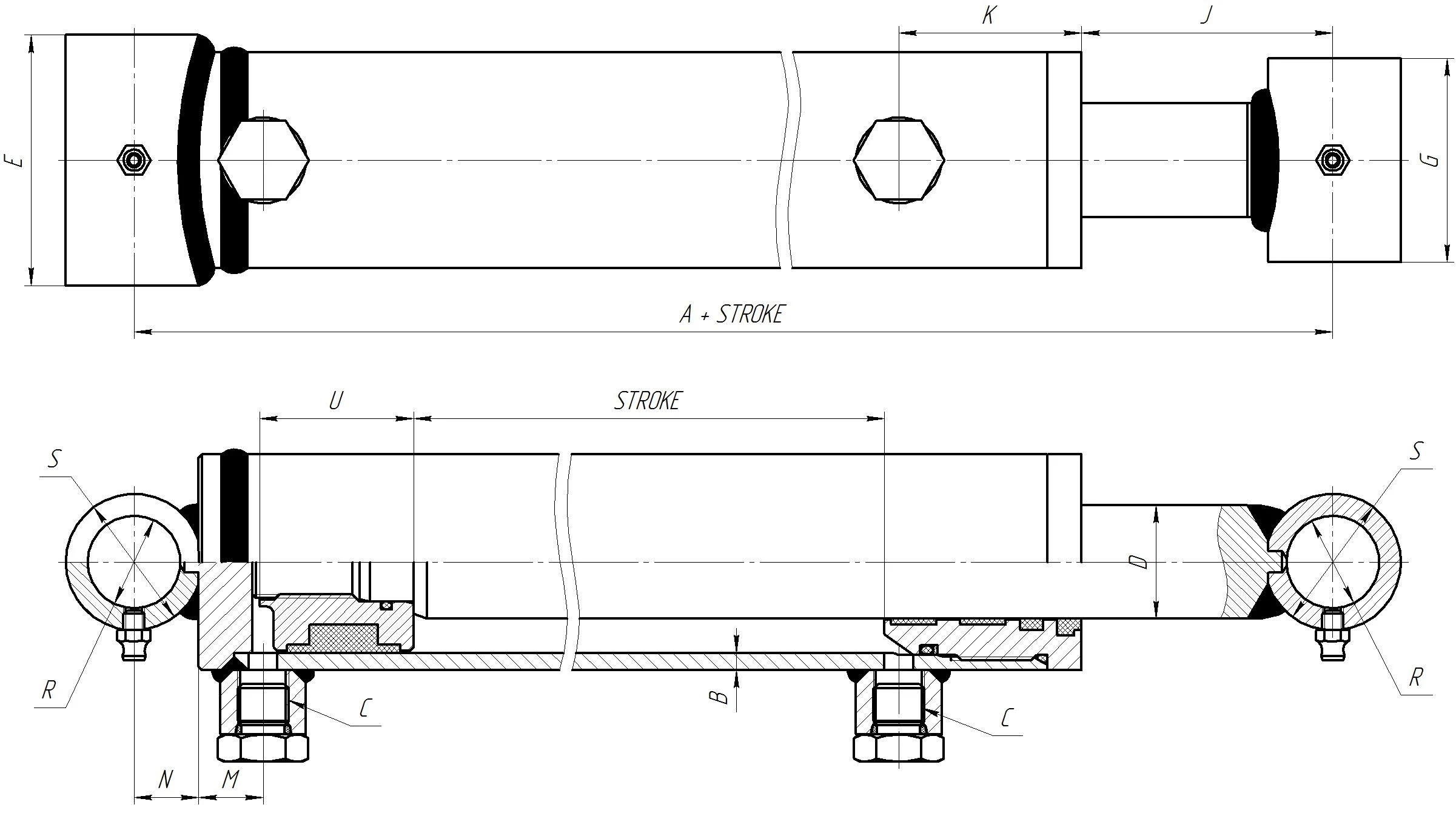 Annotated reference diagram showing how to measure a hydraulic cylinder for replacement — marking bore diameter, rod diameter, closed length, stroke length, and mounting style dimensions