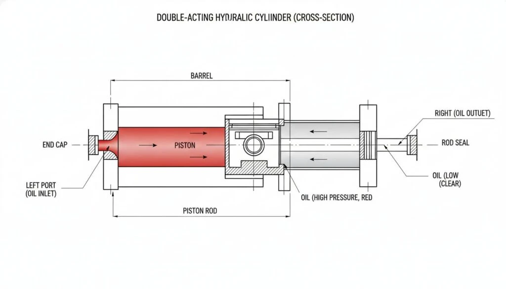 Cutaway diagram of a double acting hydraulic cylinder showing cap-end and rod-end ports, piston seals, rod seal, and the differential piston area that causes unequal extension and retraction force