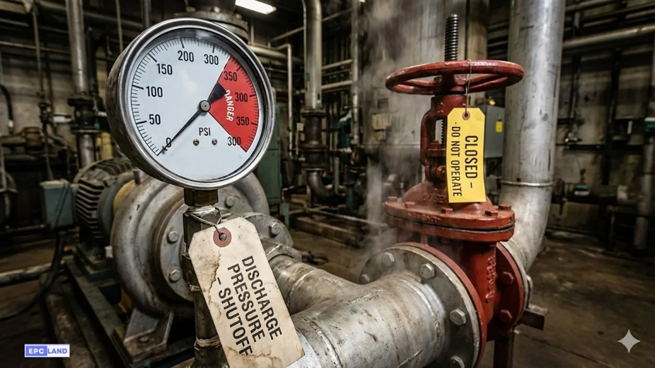 Hydraulic pressure gauge during a dead-head test with pump output blocked and zero flow downstream